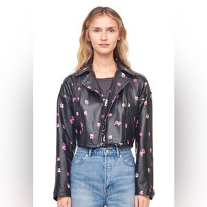 Rebecca Taylor Floriana Black Leather Jacket, Cropped, Pink Flower Print, Sz 2